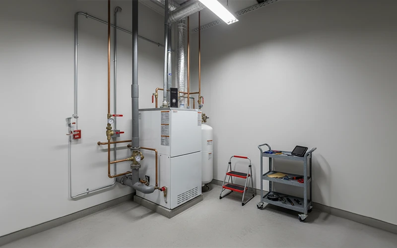 Technician performing preventive plumbing maintenance in a commercial building