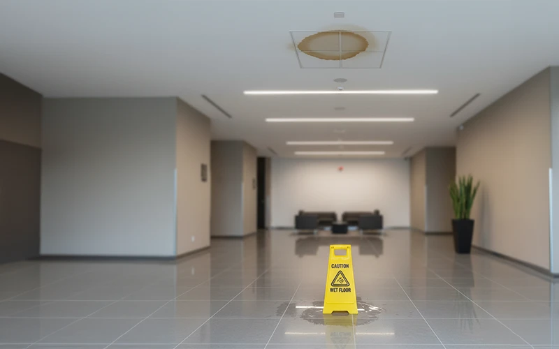 Commercial hallway ceiling with signs of plumbing issues