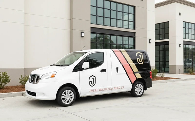 Jakobsen Plumbing technician and service vehicle at a commercial property