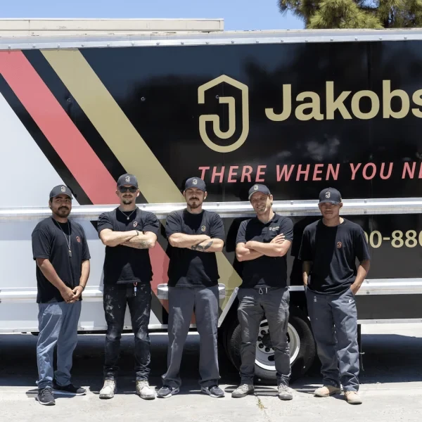 Jakobsen Plumbing employees standing in front of a service truck, ready to work
