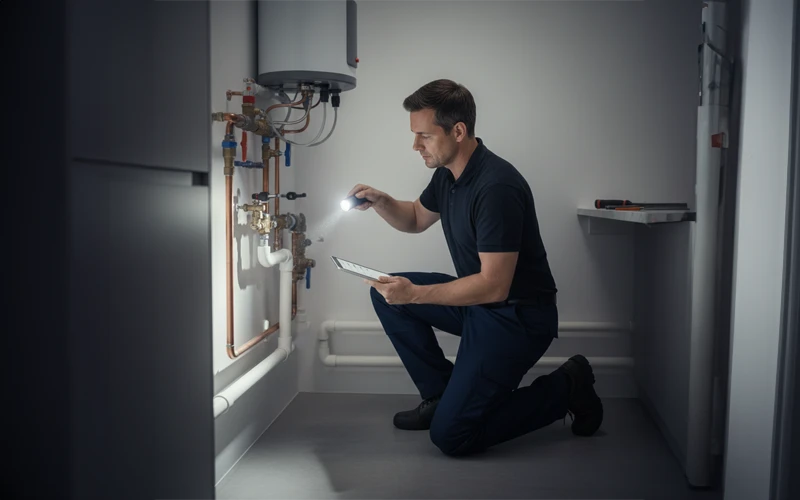 Plumber performing preventive plumbing maintenance in a home